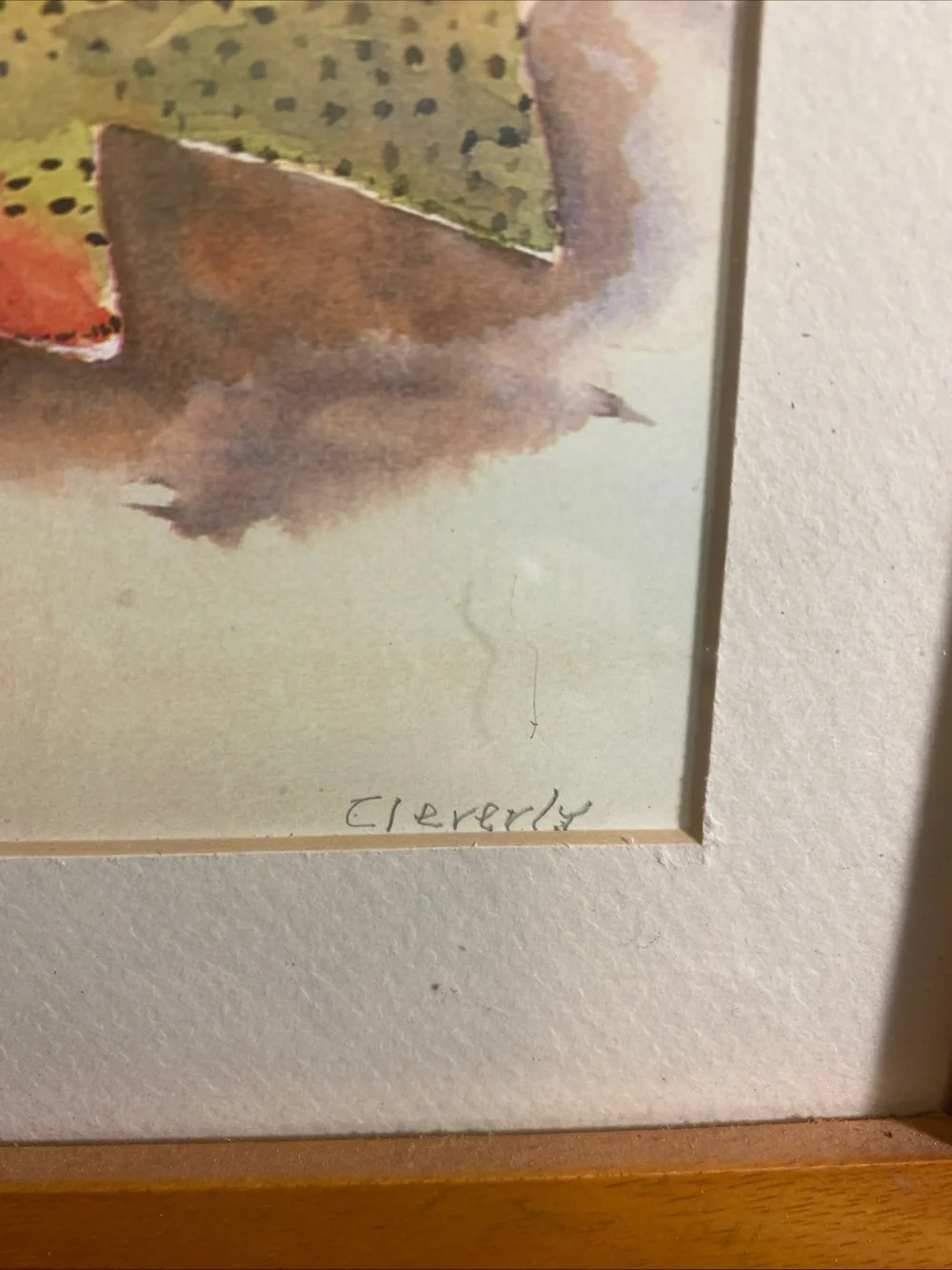 Wood Framed Trout Water Painting Signed Cleverly